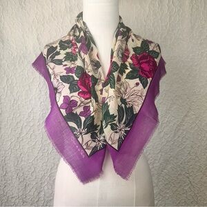 Oscar De La Renta Vintage Wool Scarf Square Japan Floral Wrap Multicolor Fringe